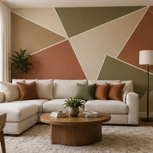 Design inspiration: Abstract angular neutral and terracotta painted living-room feature wall