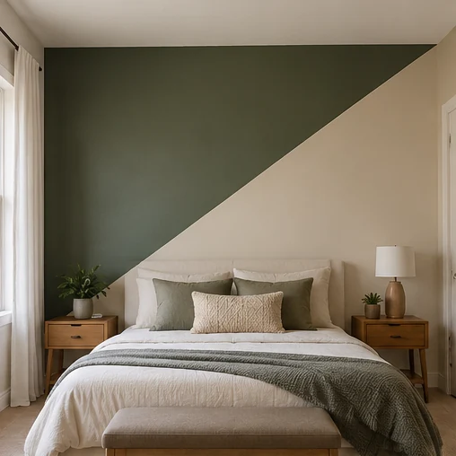 Design inspiration: Diagonal two-tone olive and cream painted bedroom feature wall