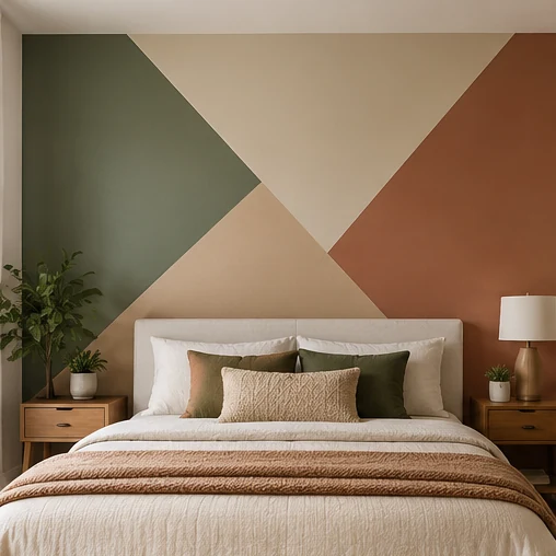 Design inspiration: Large painted triangles in sage, cream and terracotta on a bedroom feature wall
