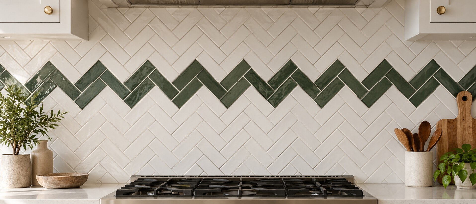 Herringbone tile pattern in a bright kitchen backsplash